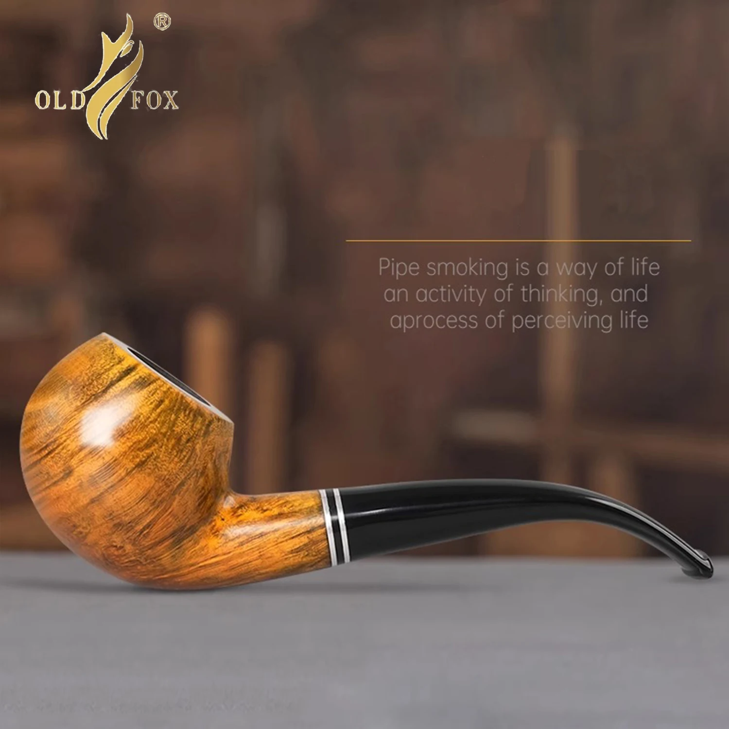 OLD FOX Handcrafte Briar Tobacco Pipe Curved Handle 9mm Pipe Channel Classic Apple Pipe Father Day Gift Set with Clean Accessory