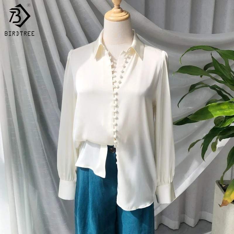 

Birdtree 19MM 95% Mulberry Silk 5% Spandex Blouse,Women Satin Single Breasted Polo Shirt,2025 Spring Fall Tops,White T5O016JF