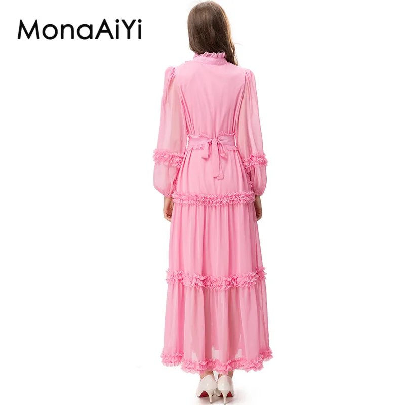 MonaAiYi New Fashion Designer Women's Stand Collar Translucent Puff Sleeve Detachable Girdle Fungus Ruffle Patchwork Pink Dress