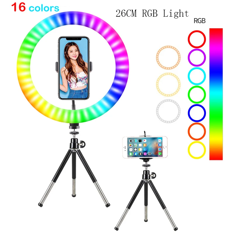 RGB LED Photography RingLight 16 Modes Dimmable Selfie Ring Light With Tripod & Phone Stand For  Video Live Makeup Fill Lamp