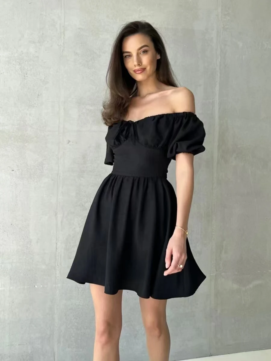 Faionable Sexy Off-the-shoulder Dr met riem Hoge taille Bubble Sve ort Rok Pure kleur One-shoulder ontwerp Woon-werkverkeer...