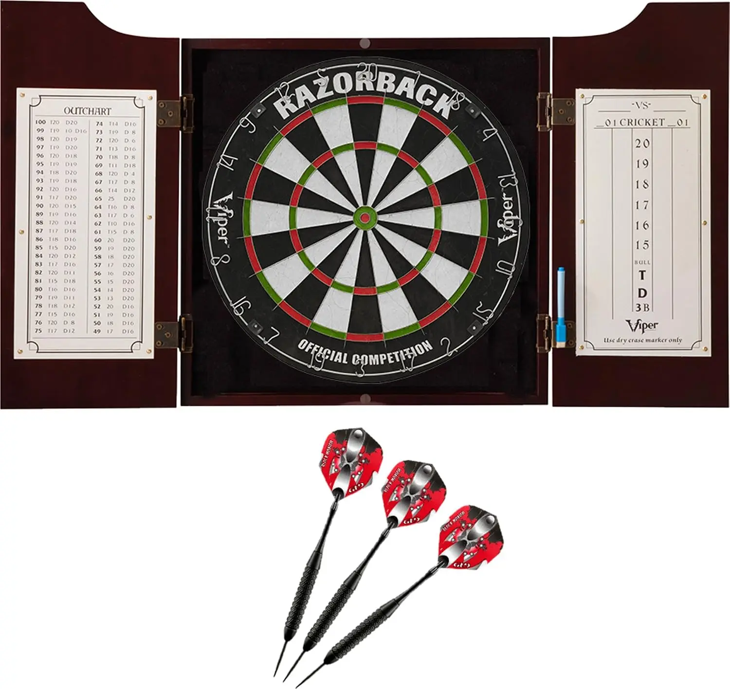 ^Viper Hudson All-in-One Dart Center: Classic Solid Wood Cabinet & Official Sisal/Bristle Dartboard Bundle with Steel-Tip Dart