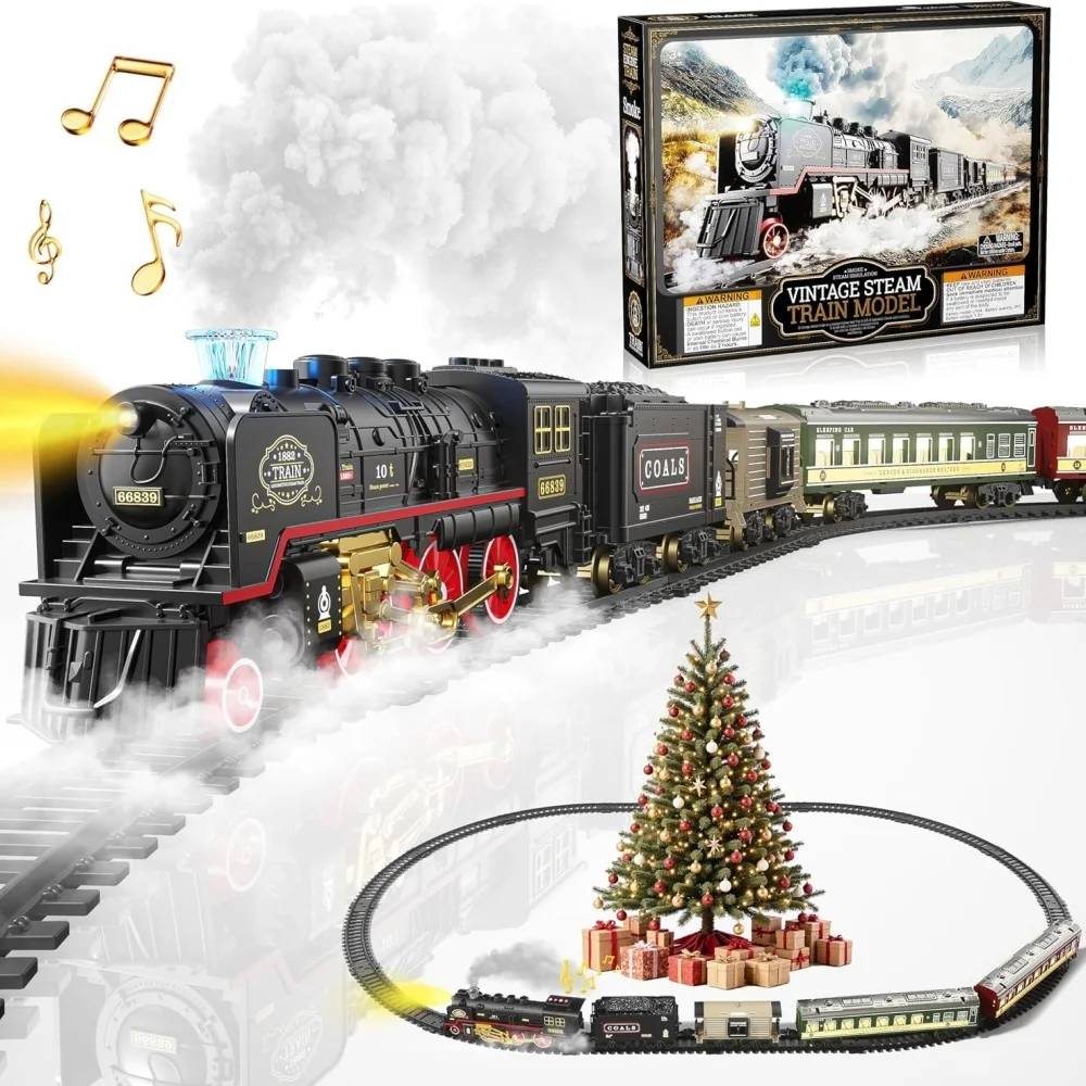 Treno elettrico giocattolo con luci e set di treni sonori per sotto l'albero di Natale, modello di treno locomotiva con regali di compleanno su pista