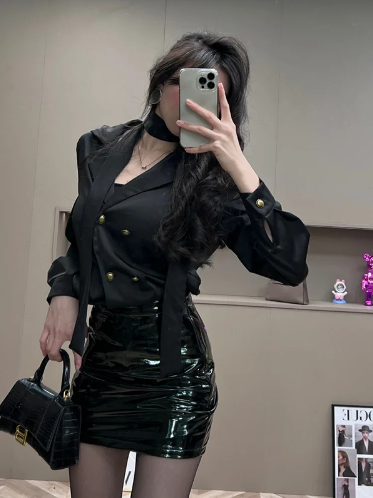 

Black PU Leather High Waist Skirt Women's Spring Summer New Style Sexy Slimming A-Line Short Skirt Korean Style Commute