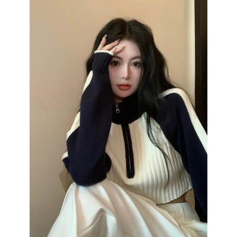 

Autumn Winter Chic Zipper Half High Collar Knitted Short Pullovers Women's Vintage Patchwork Slim Casual Sweaters