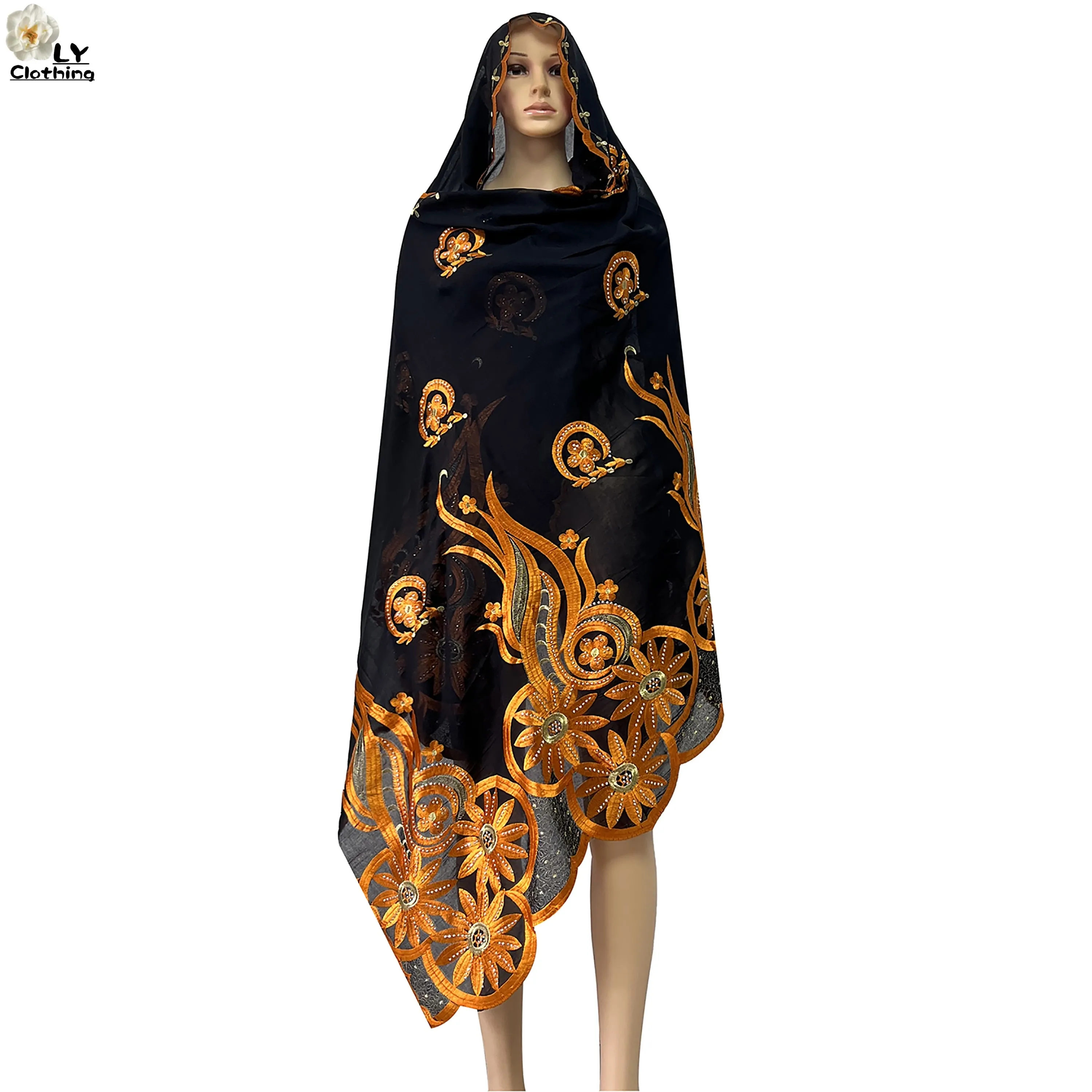 

2023 New Dubai Woman Scarf 100%Cotton Large-sized Embroidery Perforated Long Scarf African Muslim Women's Headscarf For Prayer