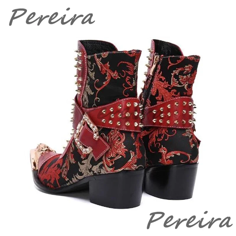 Embroidery Rivet High Heel Chelsea Boots for Men Metal Pointy Toe Luxury Crystal Buckle Knight Boots Genuine Leather Men\'s Shoes