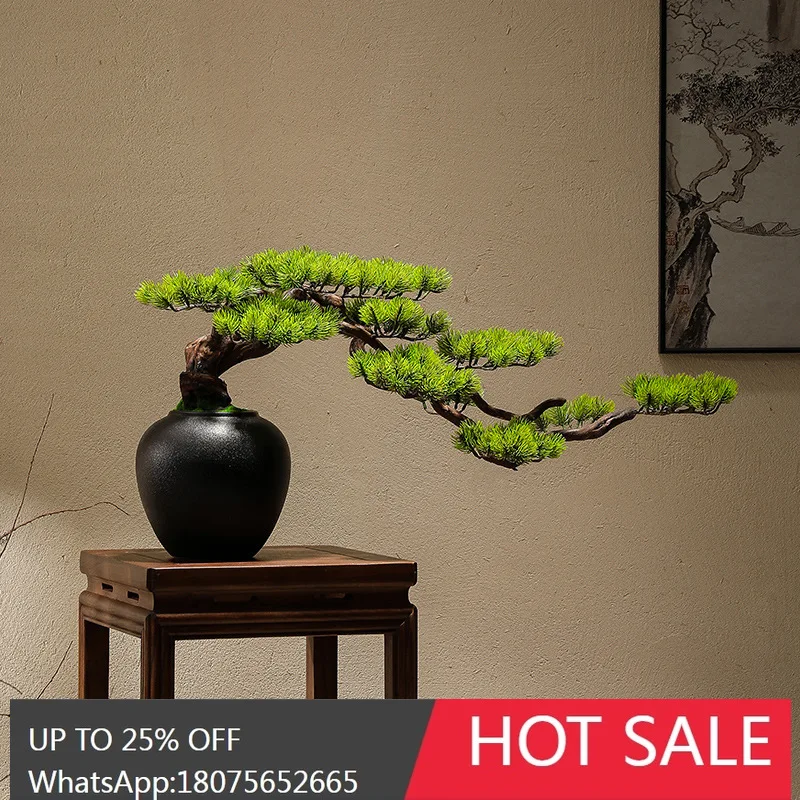 HLZ New Chinese Style Artificial Green Plant Welcoming Pine Bonsai Hotel Desktop Entrance Decoration Landscape Ornament
