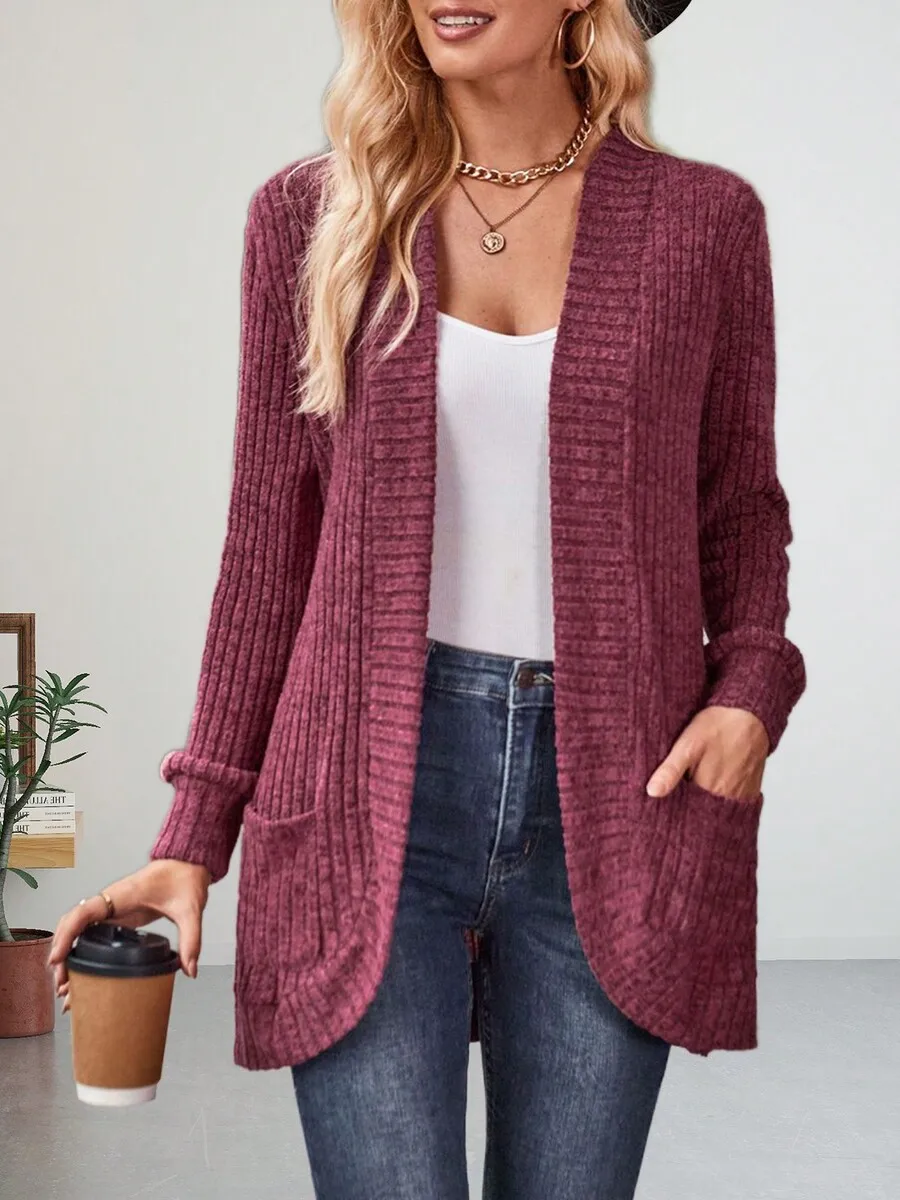 

Womens Ribbed Knit Cardigan With Pockets Long Sleeve Loose Casual Coat