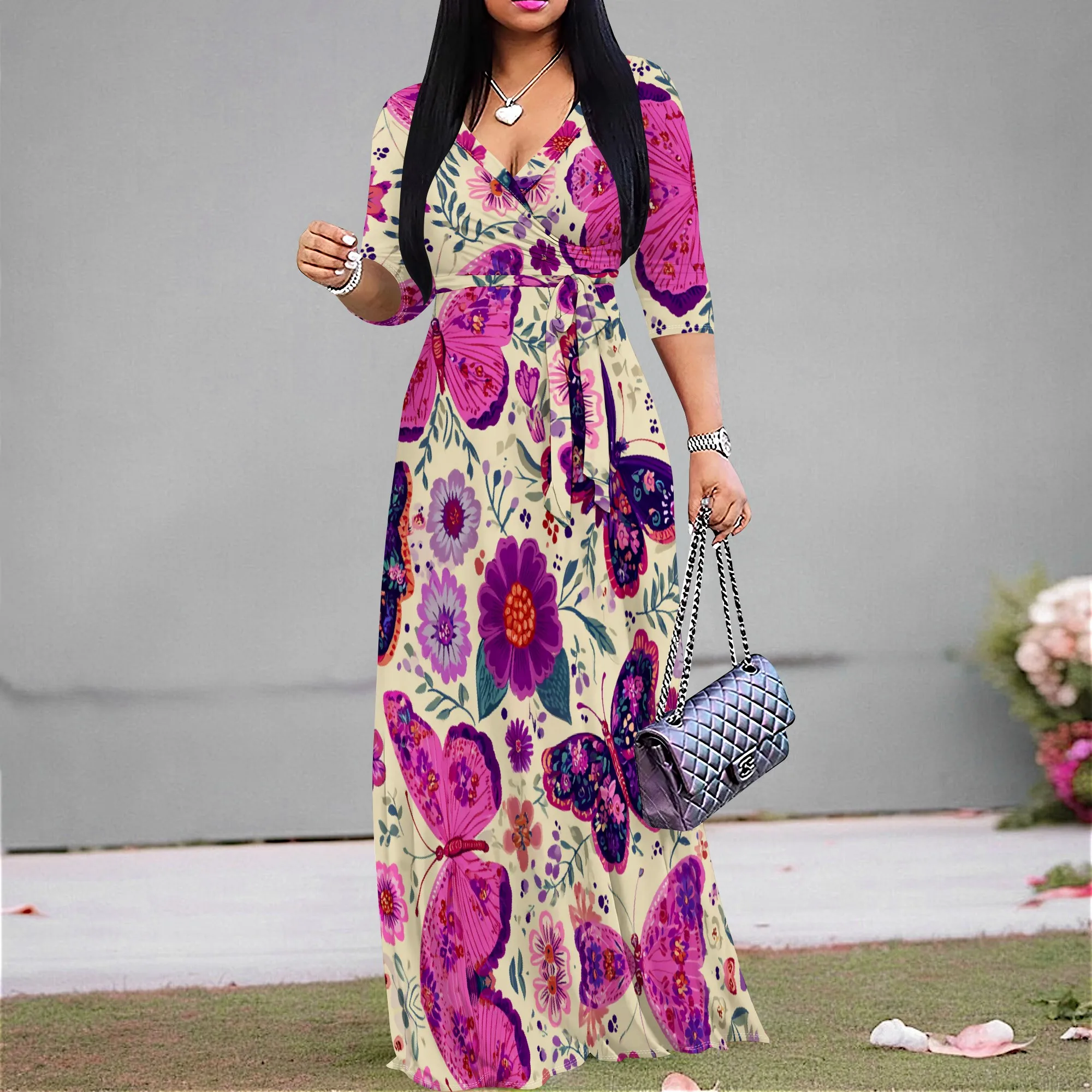 

Plus Size Floral Butterfly Print V-Neck Maxi Dress for Women Elegant Wrap Summer Party Boho Vacation Dress XS-3XL