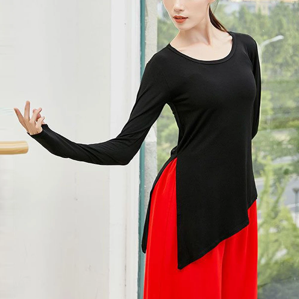 

Black White Red Stretch Forked T Shirt Women Clothing O Neck Long Sleeve Elastic Fitness Top Yoga Dance Shirts Clothes S-2XL