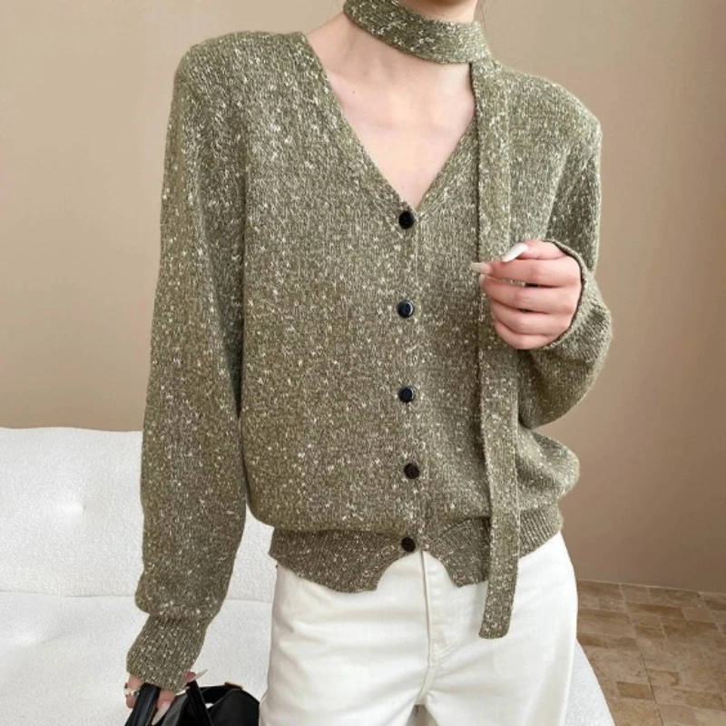 

Knitted Cardigan Sweaters Women Jumper Sash Tie V Neck Long Sleeves Single Breasted Loose Casual Office Lady 2025 Autumn Winter