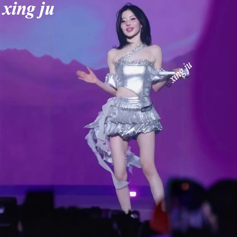 

Kpop Singer Stage Silver Rhinestone Sling Tops Irregular Short Skirt Korean Concert Performance Outfits Women Jazz Dance Costume