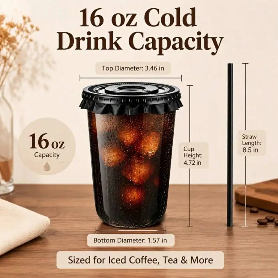 200PCS Plastic Coffee Cups, 16 Oz/480 Ml (50 Cups + 50 Lids + 50 Straws + 50 Spill-Proof Papers), With Straws And Lids, Clear Co