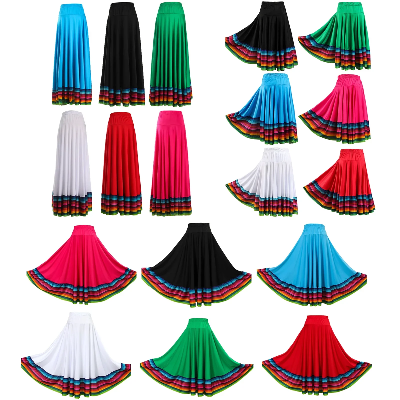 Womens Folklorico Dance Skirt Spanish Flamenco Colorful Big Swing Long Skirts Folkloric Mexican Folk Dance Performance Costume