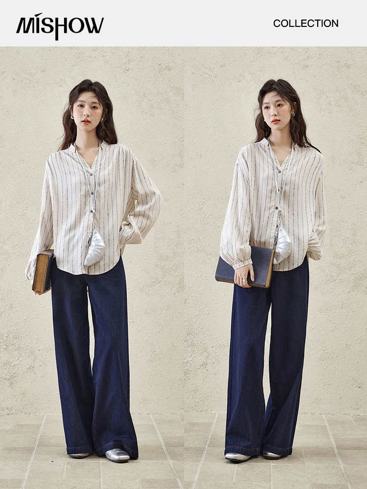 MISHOW Casual Spring Summer Jeans for Women 2025 Stitching Ruffle High Waist Jeans Female New Fashion Wide Leg Pants MXE16K0907