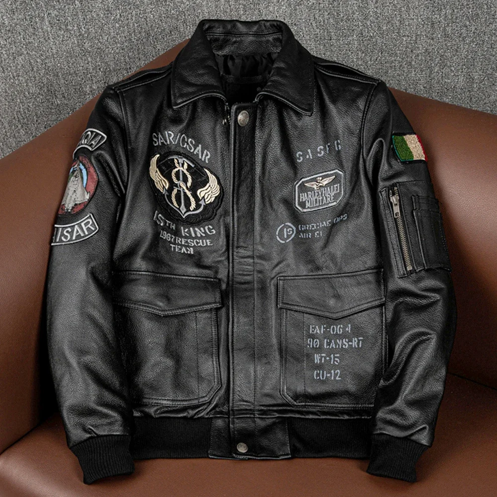 2025 New Spring Men's Genuine Leather Jacket Embroidery Bomber Cowhide Air Force Jacket Motorcycle Leather Coat A2 Biker Clothes