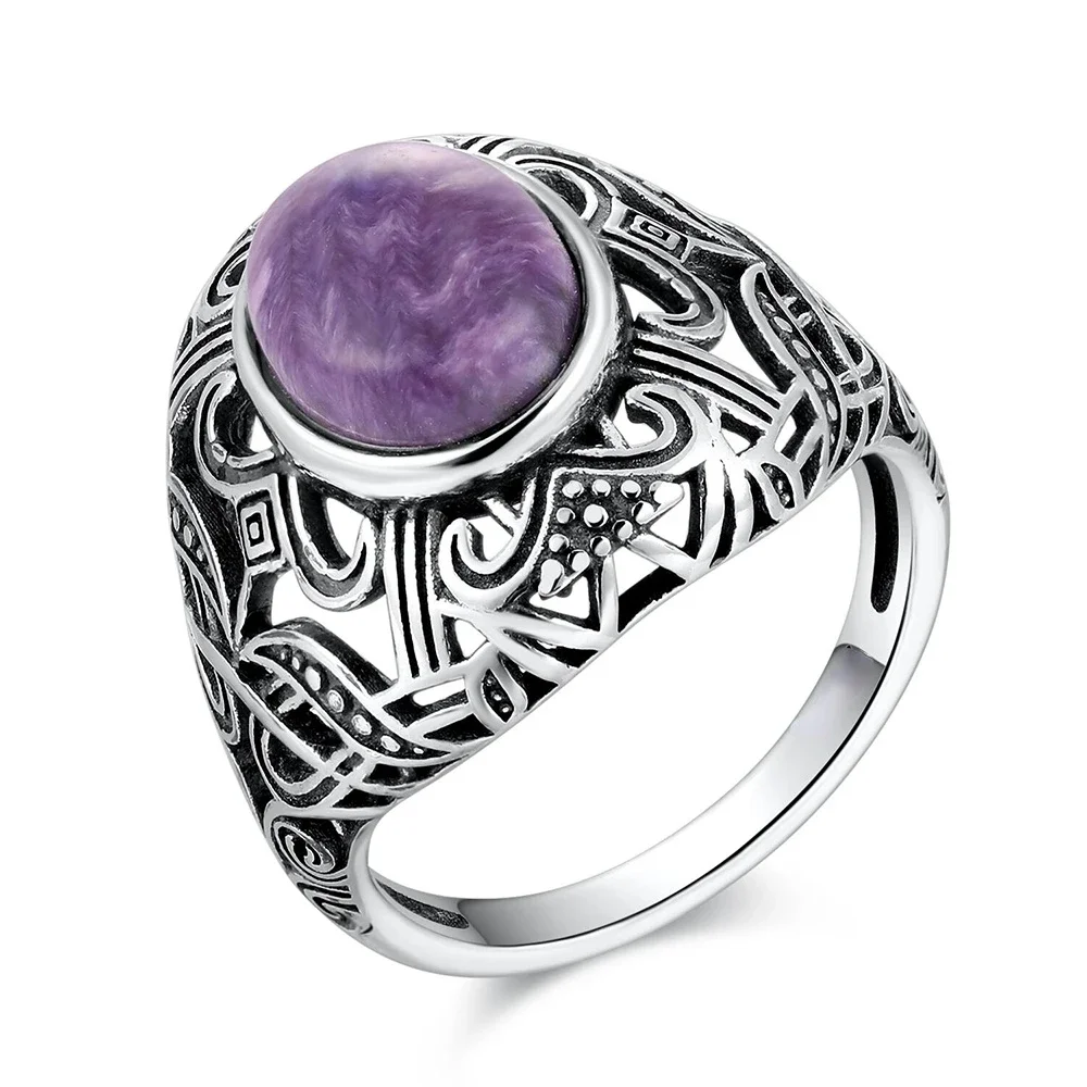 

Bohemian Style 8*10mm Natural Stone Ring Charoite Silver Rings for Women Vintage Jewelry for Anniversary Wedding Bands