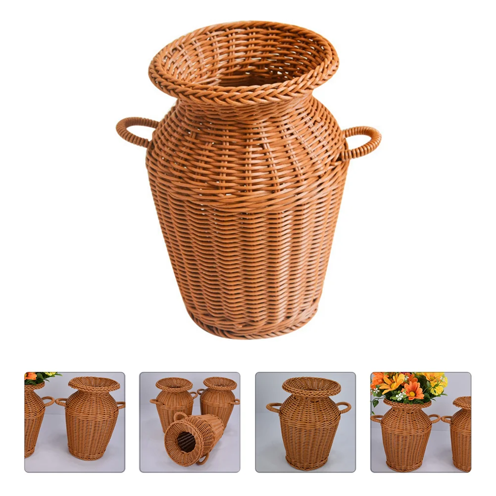 Brown Fake Flowers Rattan Hamper Imitation Vase Basket Storage Container Terrarium