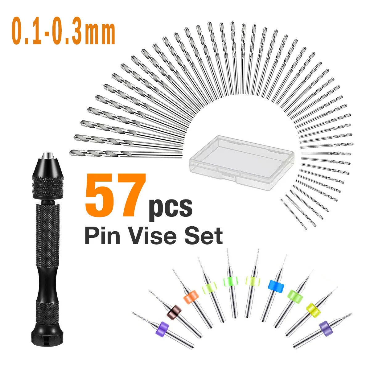 57ps Twist Hand Drill Bit Set 0.1-0.3mm Precision Pin Vise Hand Drill Micro PCB Portable Mini Drill Bits for DIY Craft Engraving