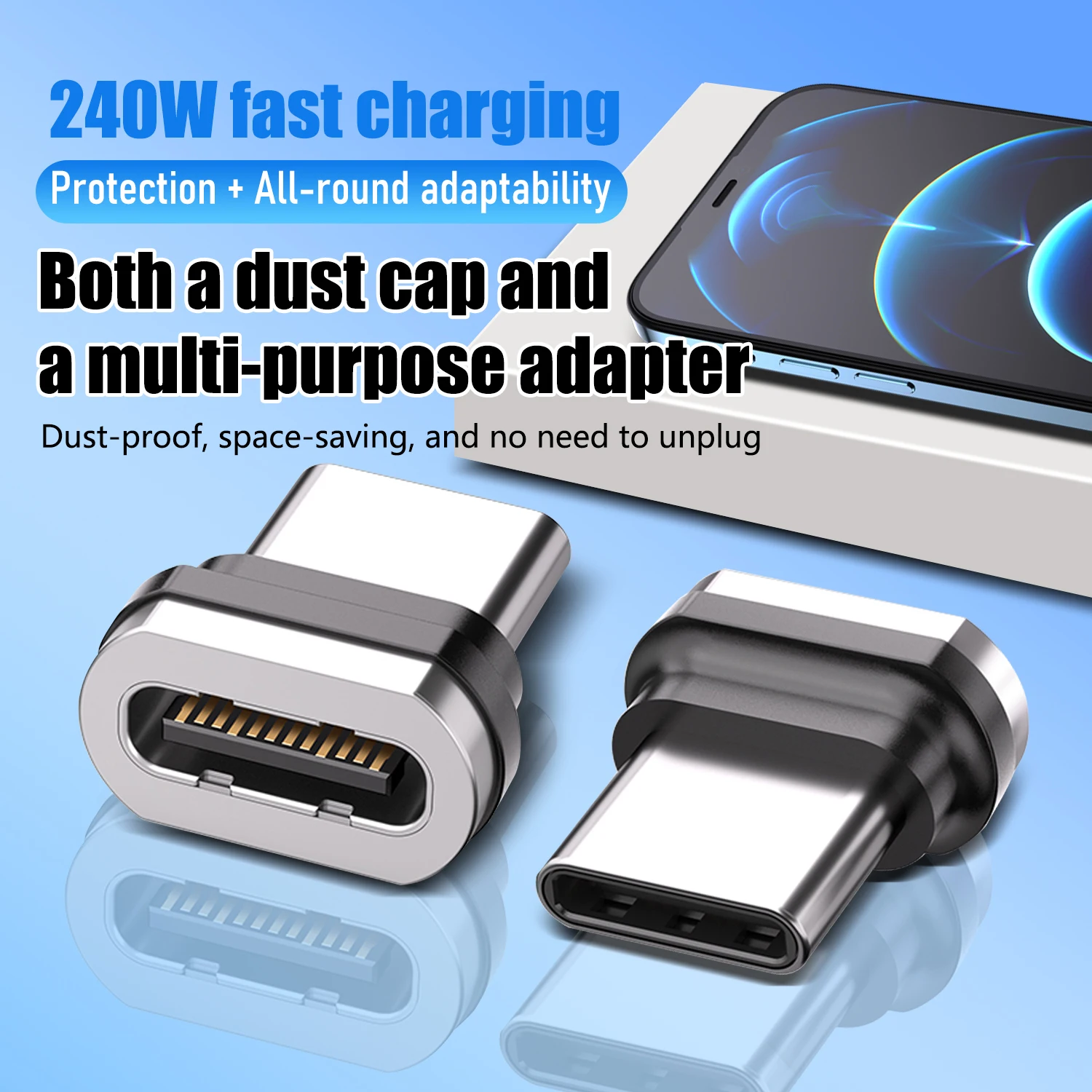 PD 240W 5A USB C Magnetic Adapter,24PIN USB C to Type C Dust Plug Adapters for iPhone 17/16/15,Samsung Galaxy S23,Tablet,Laptop