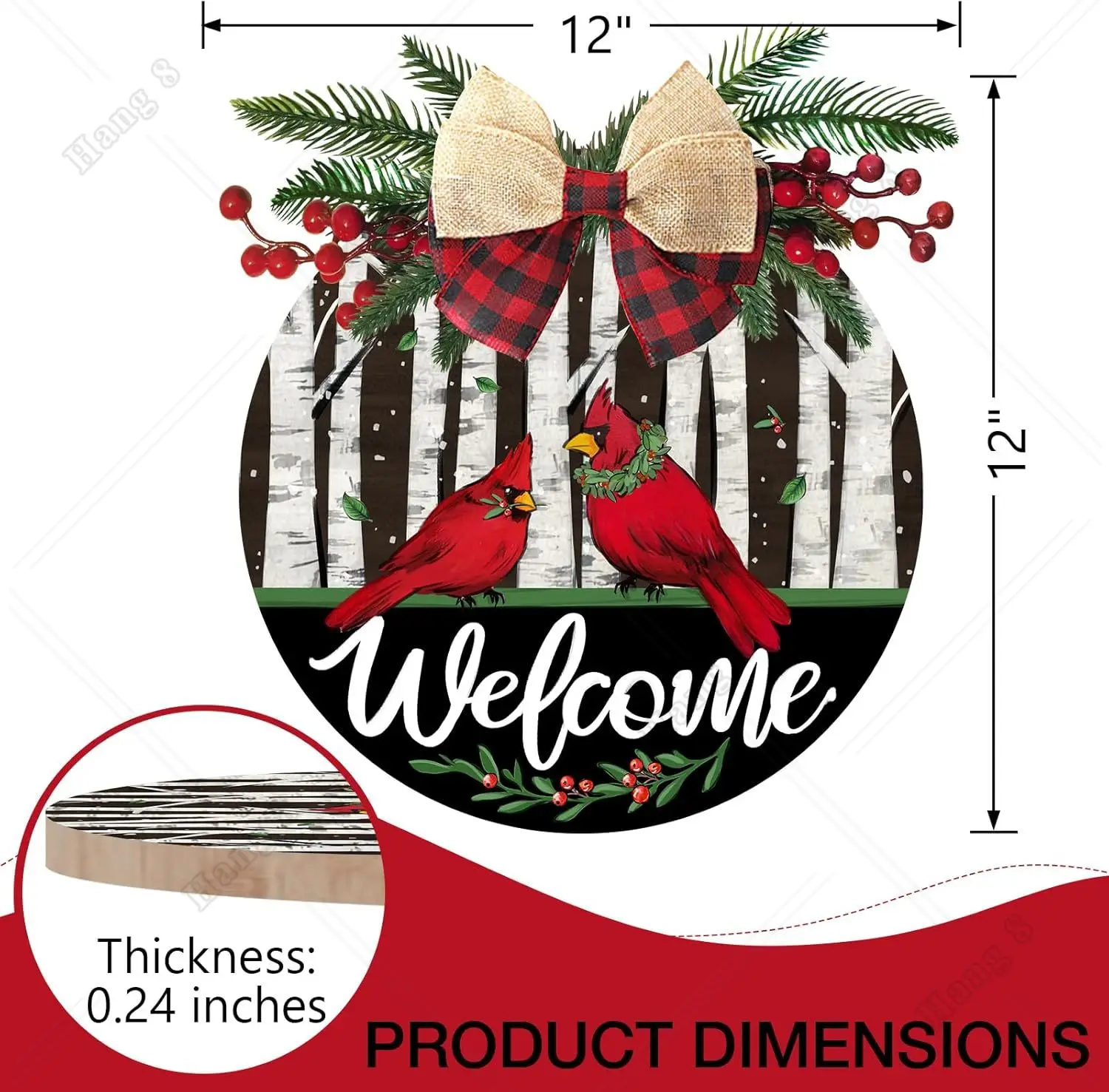 Welcome Christmas Cardinal Front Door Sign Xmas Red Bird Snowy Forest Wood Door Hanger Outdoor Outside Porch Decor 12in