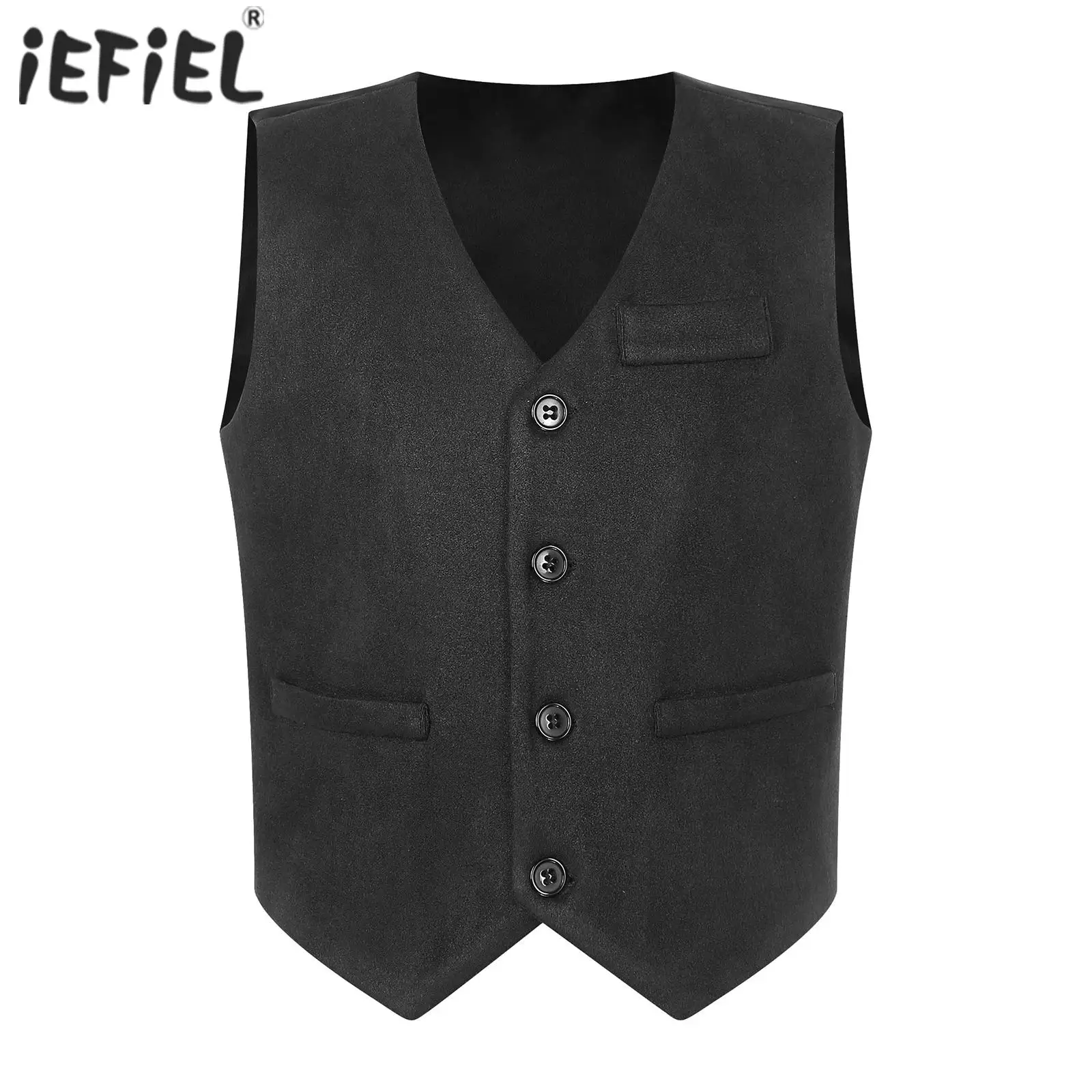 

Kids Boys Gentleman Waistcoat Formal Sleeveless Vest Decorative Pockets Pointed Hem Tank Top for Banquet First Communion Party