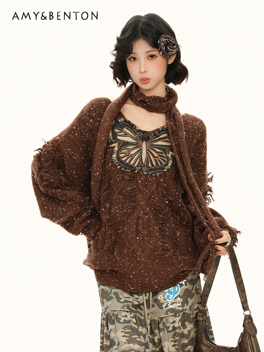 2025 خريف شتاء جديد الأمريكية الرجعية فراشة التصحيح التطريز سترة برقبة على شكل v المرأة فضفاضة عادية البني محبوك سترة #1