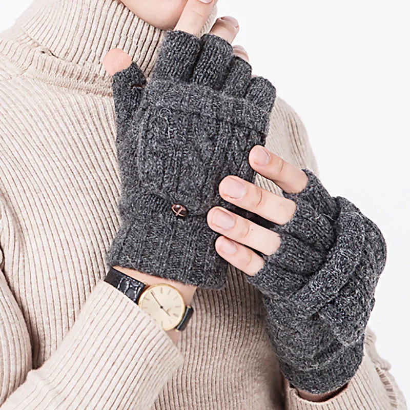 Unisex Wool Knitted Fingerless Flip Gloves Winter Warm Finger Free Touchscreen Glove Men Women Exposed Finger Mittens Gloves