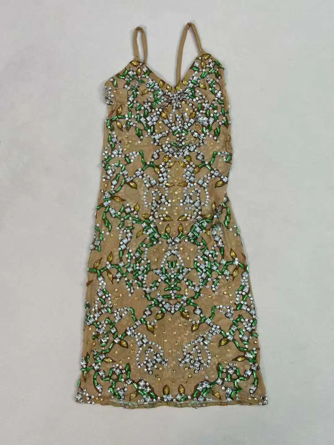 Damski seksowny strój wieczorowy, błyszczące dżety, dopasowana sukienka na ramiączkach z siateczki, na urodziny, koktajl, imprezę urodzinową, kostium.