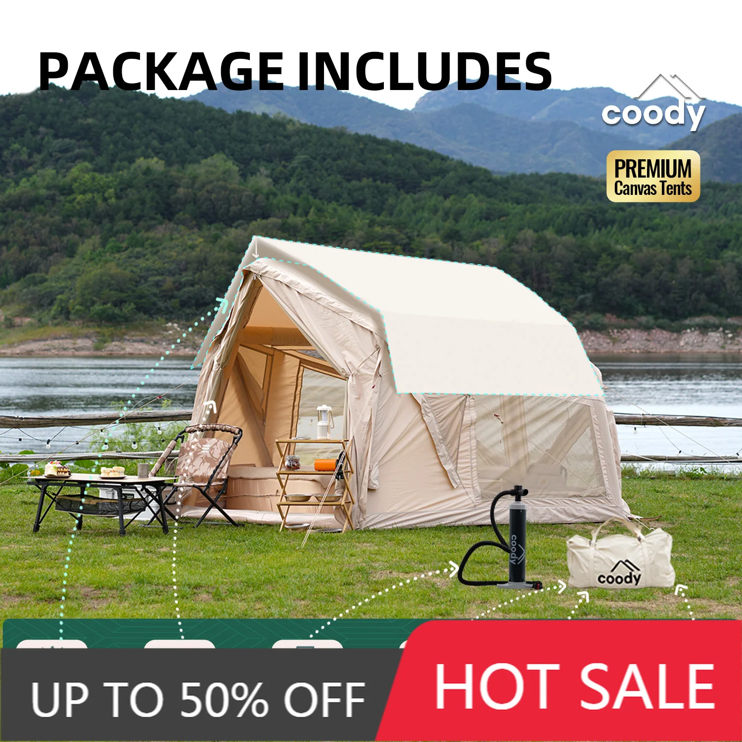 Coody Yustona Beige Inflatable Tent 2-4 Person 4 Seasons Canvas Outdoor Family Camping Air Tent