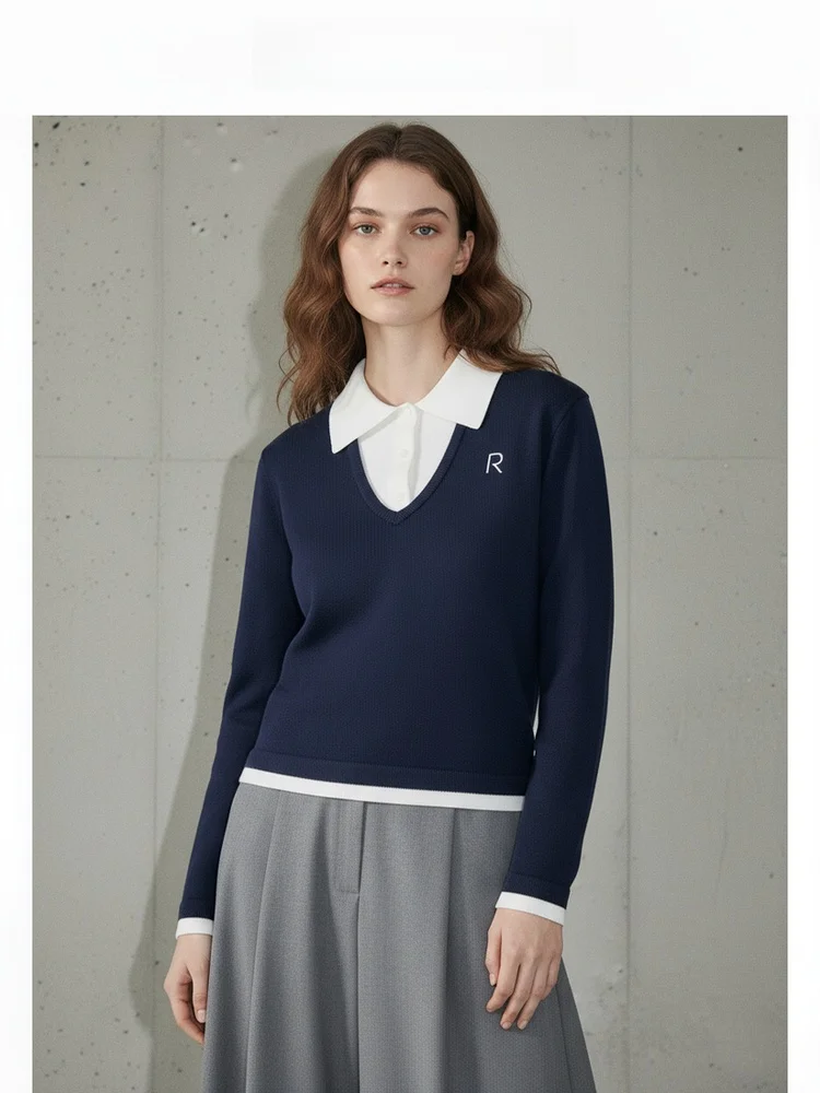 

Barn Sle Color Blo Ne Knitted Sweater Women's Long Sve Woolen Sweater Autumn Winter New Arrival Fake Two-Piece ...