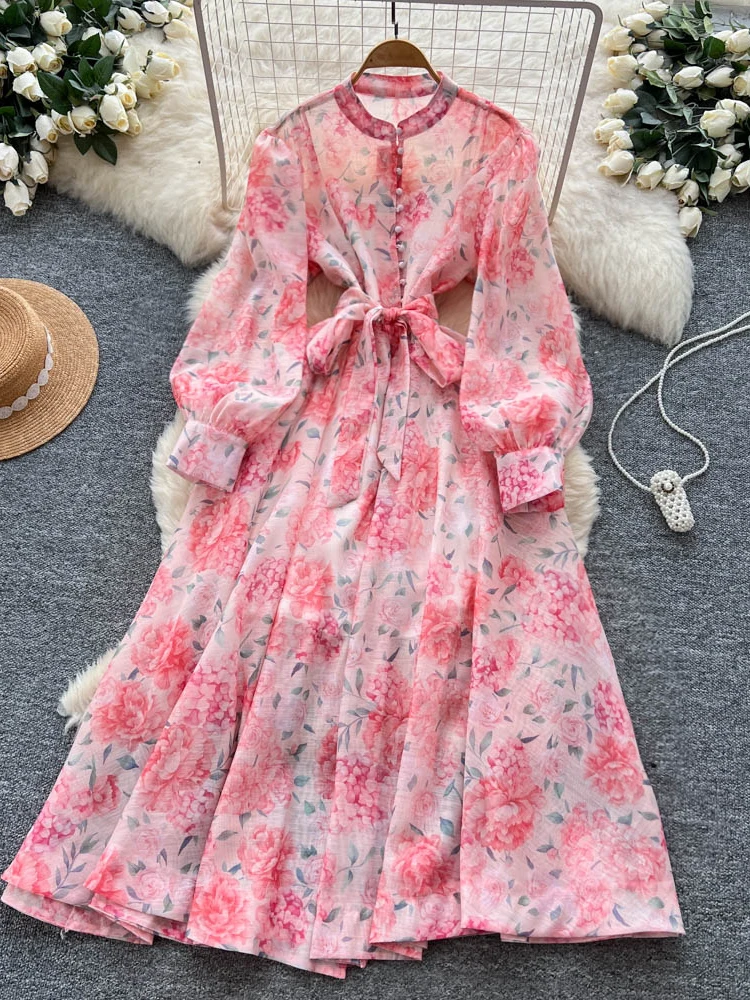 Długa spódnica damska z wiązaniem w talii, jesienna, w stylu dworskim, zapinana na jeden guzik, wyszczuplająca, z nadrukiem, o kroju litery A, z wysokim stanem, z włókna poliestrowego.