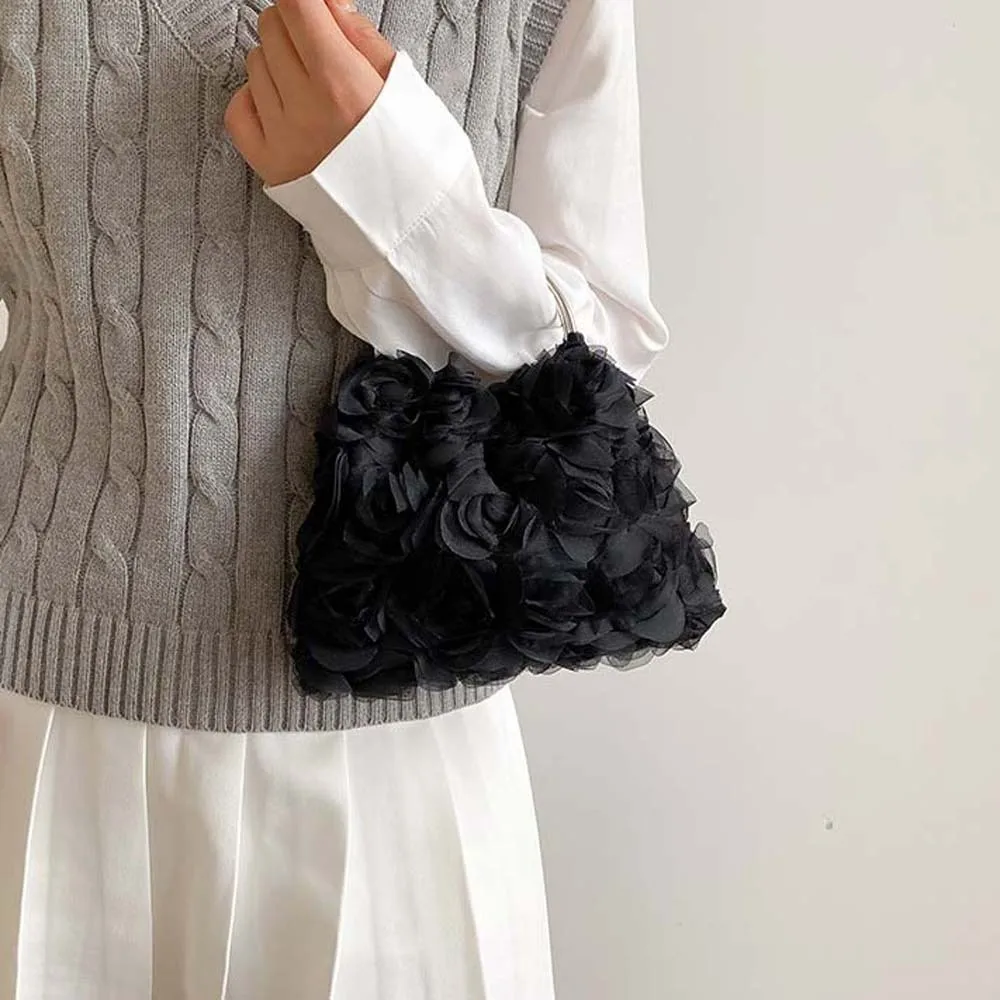 

Versatile Mesh Rose Clutch Bag Magnetic Button Large Capacity Wedding Handbag Multi-function Polyester Female Phone Organizer