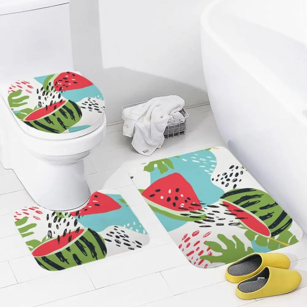 

3-piece set with toilet cover Summer Fresh Watermelon Palm Leaf Bathroom Rug Set Contour Rug Washable Suitable forBathroom Floor