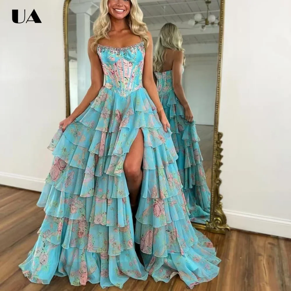 

ULBYANRY Customized Printed Spaghetti Strap Evening Dress for Woman Exquisite A-line Tiered Party Dress, Trendy Slit Ball Gown