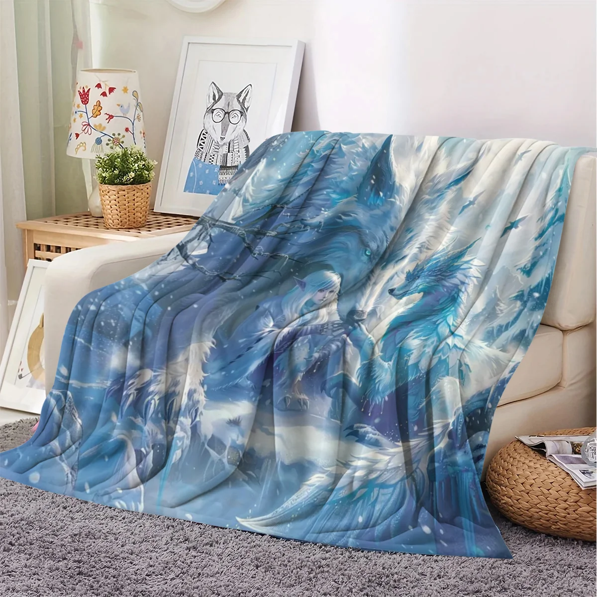 Fantasy Wolf and Dragon Themed Pattern Flannel Small Throw Blanket, Soft and Warm Blanket, Suitable for Sofa Blanket, Home Leisu