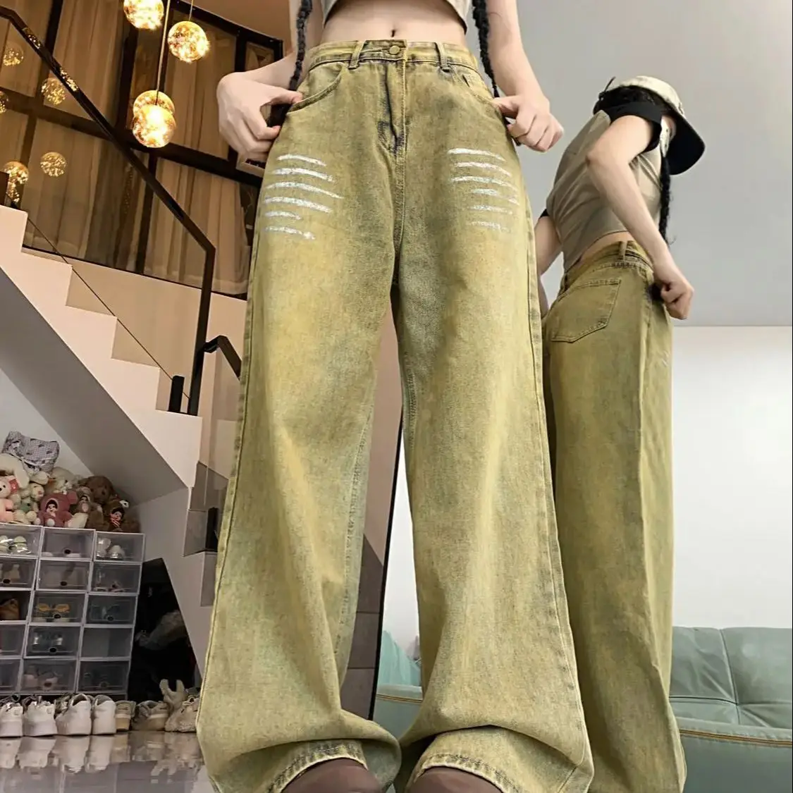

Jeans Yellow Clay High Waist American Retro Loose 2024 Women'S Summer New Design Draped Floor Pants Hot Girl Straight Leg Pants
