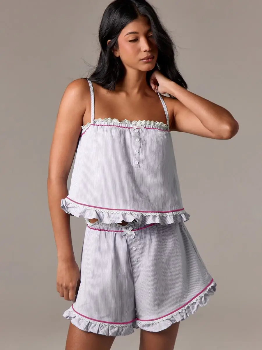 

Relaxed Stripe Lace Trim Ruffle Hem Sleepwear Camisole Tank Top Summer Loungewear