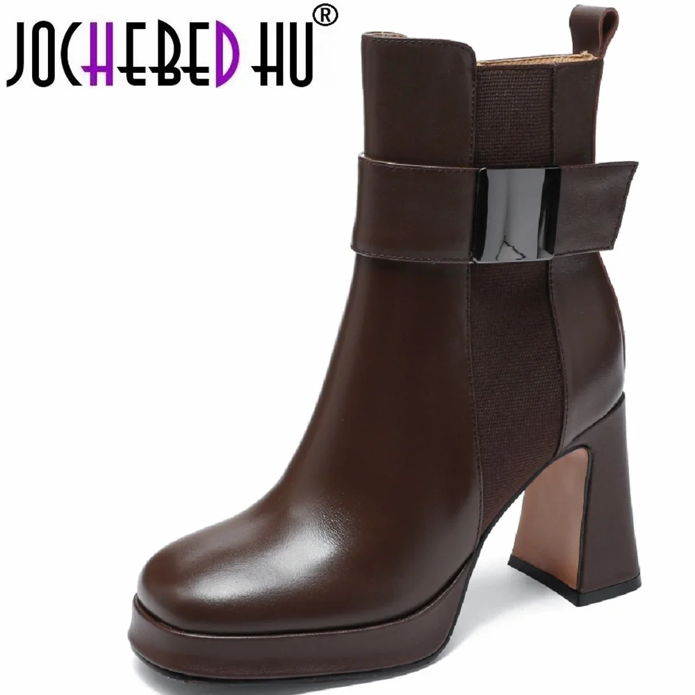 【JOCHEBED HU】Handmade Genuine Leather Concise Famale Head Ankle Boots Super High Heels Solid Color Mature Shoes For Womens 33-41