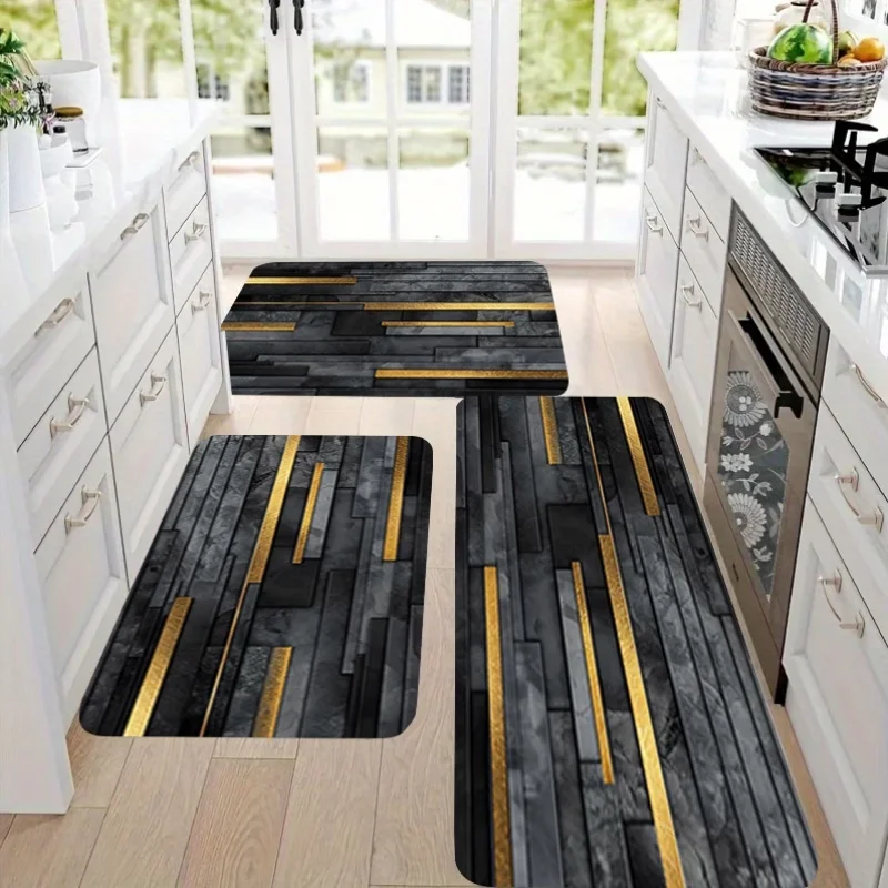 Kitchen Rug Golden And Gray Striped Design, for Bedrooms, Living Rooms, Dining Areas, Bathrooms, Laundry Rooms, Entryway Mats