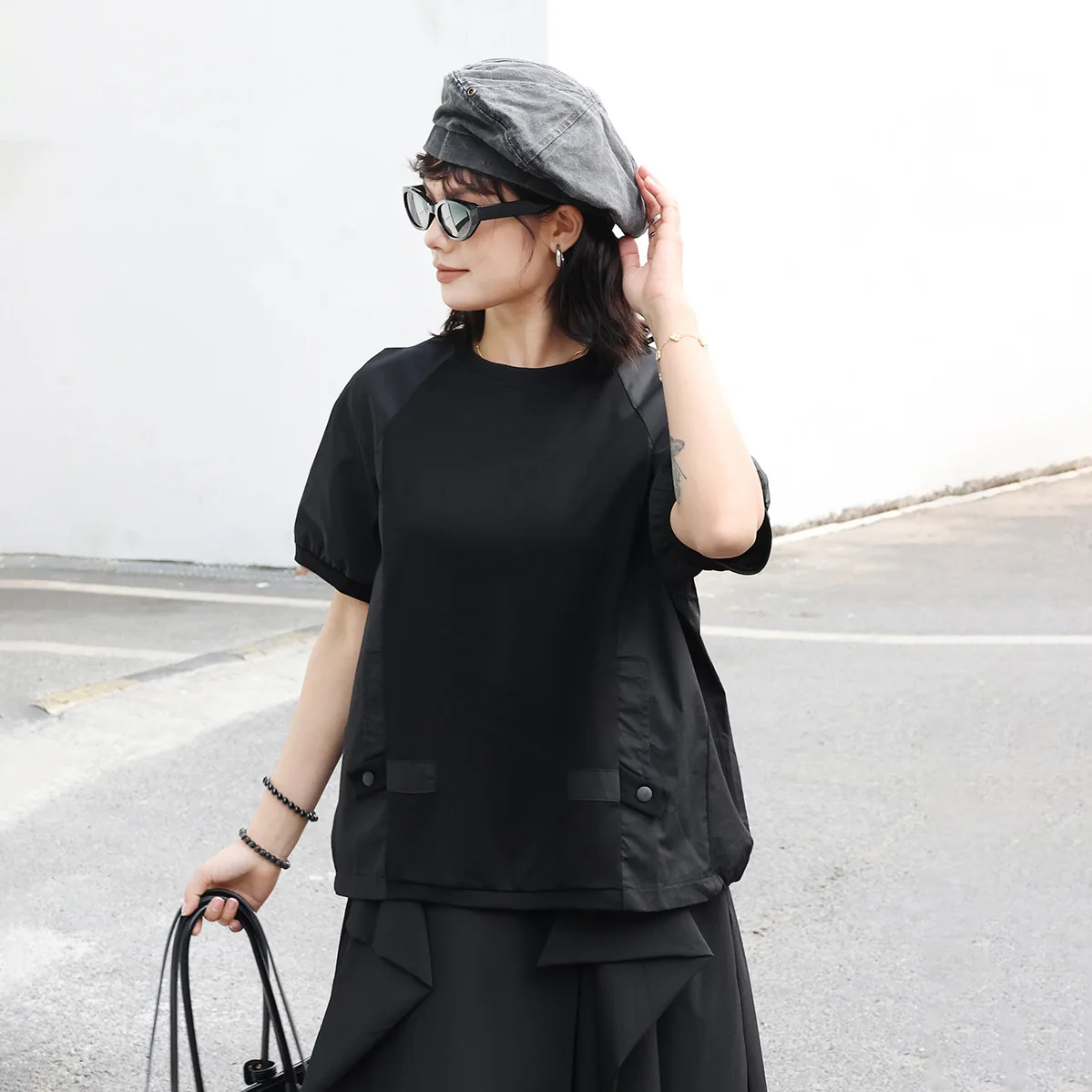 

2025 Summer New Fashion Women's Spliced Casual Trendy O-neck Short Sleeve Basic Solid Color Spliced T-shirts Female Clothes Tops