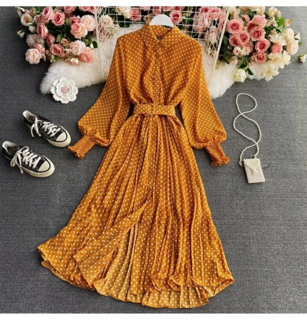 

Women Print Dot Dress Single Breasted Turn Down Collar Dresses Office Lady Full Sleeve Belt Splice Long Vestidos Spring 2024