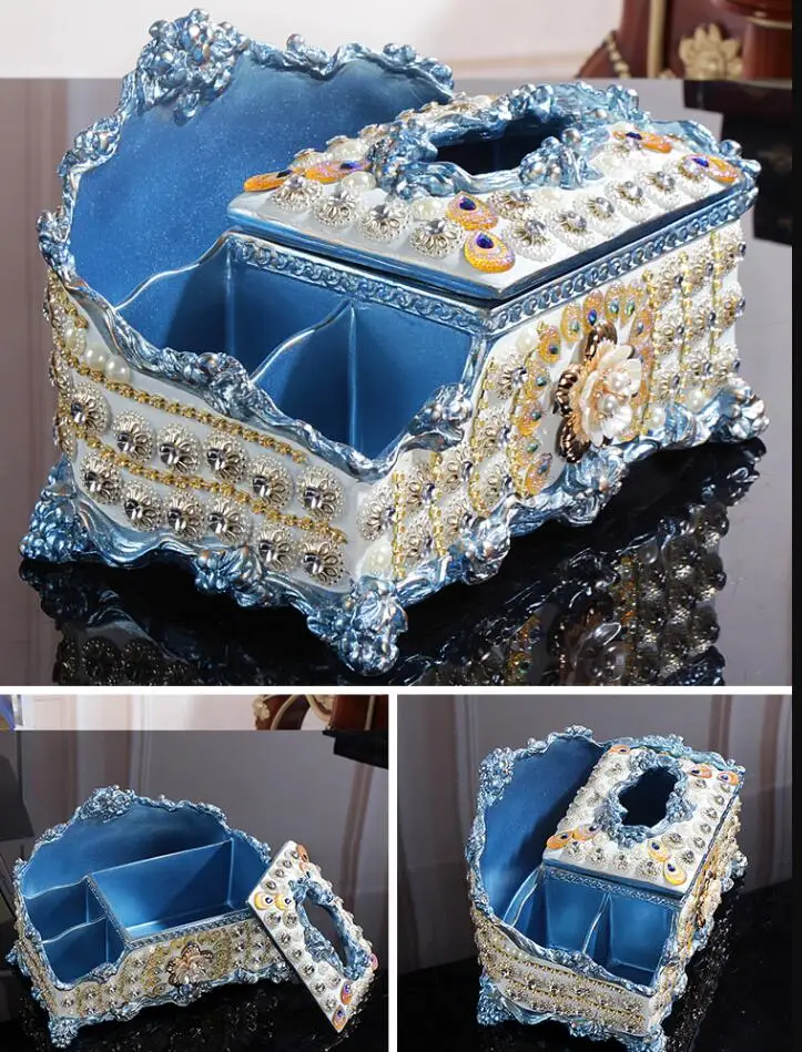 

European-style Luxury Diamond Multi-function Resin Tissue Box Ornaments Home Livingroom Figurines Crafts Office Furnishing Decor