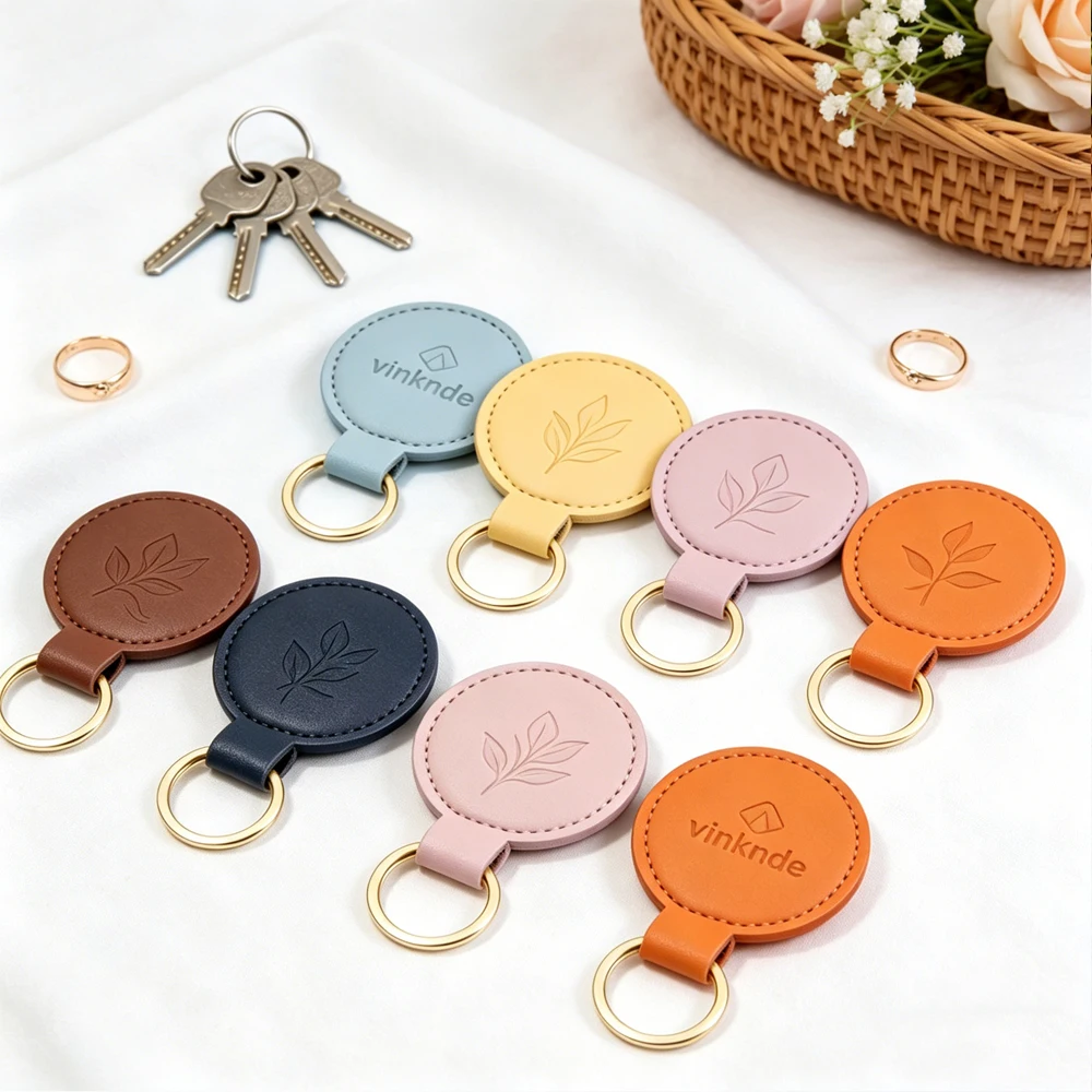 

Promotion Gifts Customized Small Round PU Leather Keychain Engraved Own Logo Keychain Accessories for Sublimation Travel Bag Car