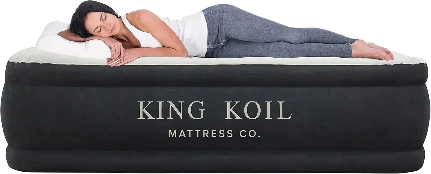 King Koil Pillow Top Plush Queen Air Mattress With Built-in High-Speed Pump Best For Home, Camping, Guests, 20