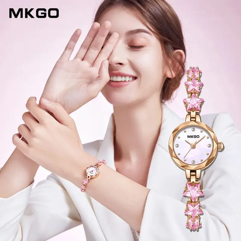 Imagem -03 - Mkgo-rose Strass Relógios de Pulso para Mulher de Luxo Superior Design Exclusivo Ouro Rosa Marca Superior 2023 Aço Inoxidável