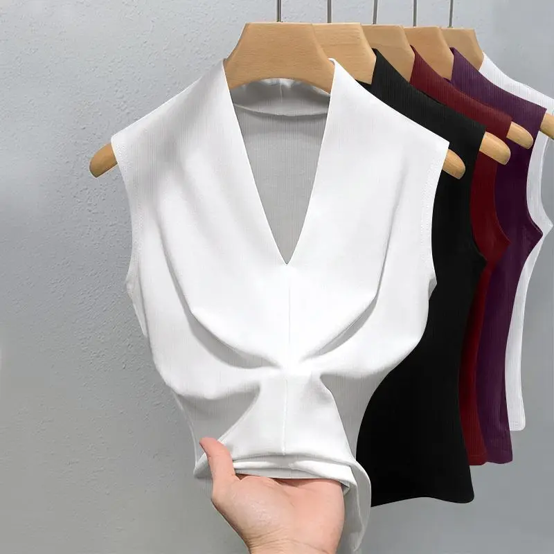 Women's V-neck Sleeveless Vest Basic Inner Thread Top Fashionable Versatile Base Shirt T-shirt for Women Tank Top Women Clothes