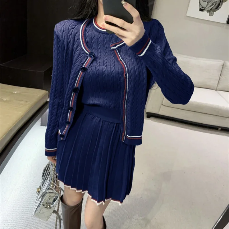 Women's Autumn New Slim Sweater Fashion Knitted Set Cardigan + T-shirt +pleated Skirt Suits Retro Three Piece Matching Outfits