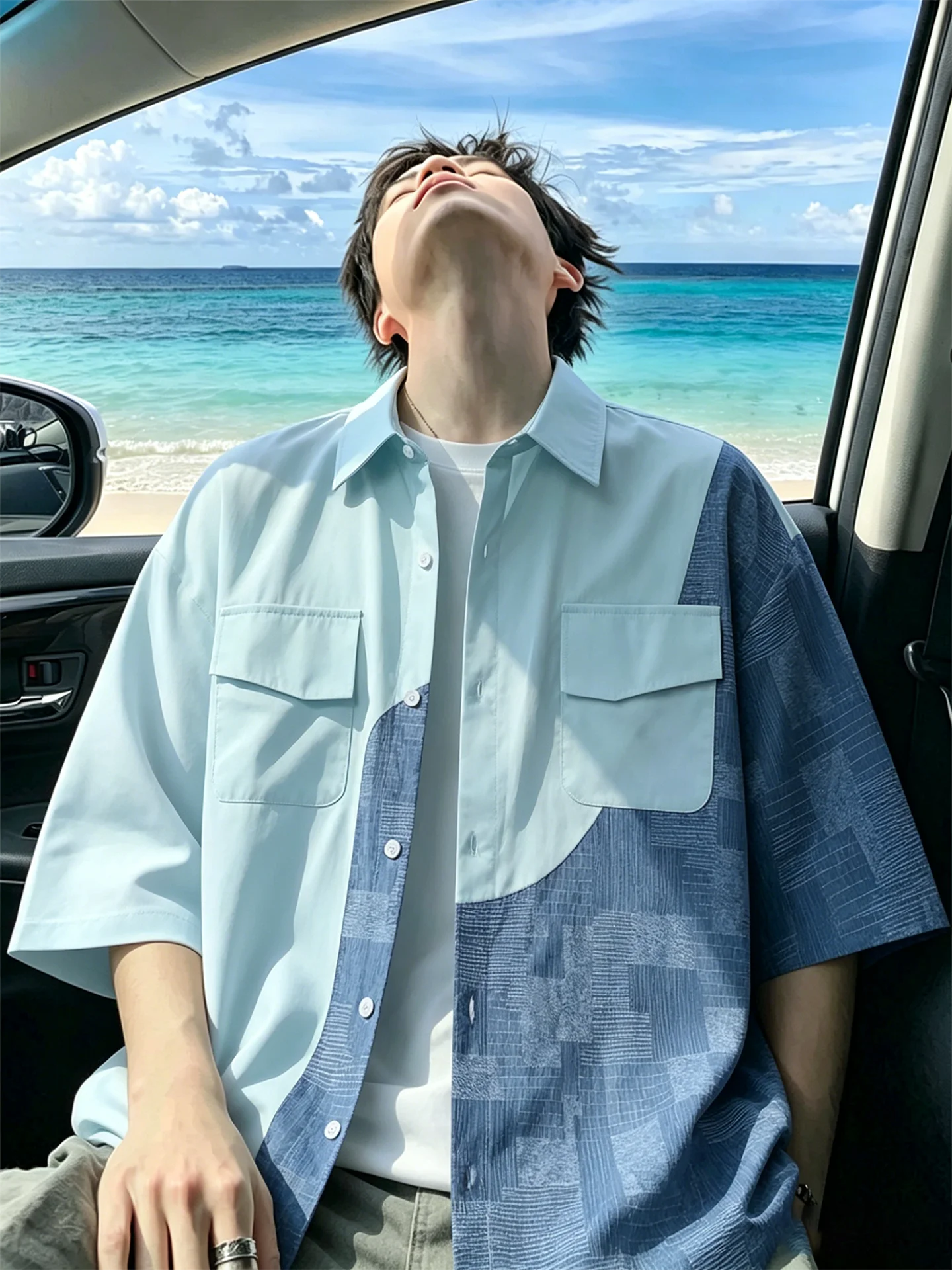 Plaid Patchwork Ice Silk Short Sleeve Shirt Men's Summer Unique Design American College Style Shirt Jacket Loose Fit Breathable